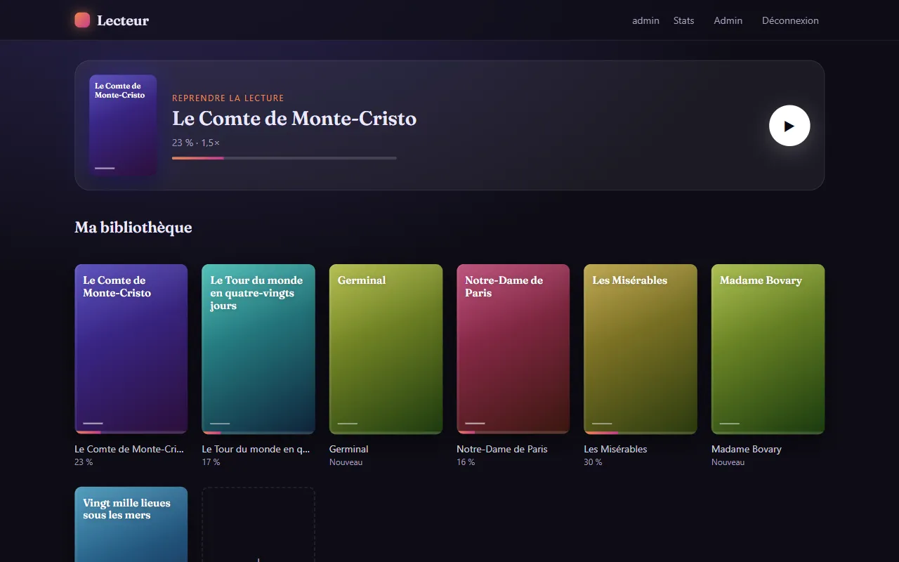 Bibliothèque du lecteur : carte « Reprendre la lecture » et grille de couvertures colorées avec leur progression