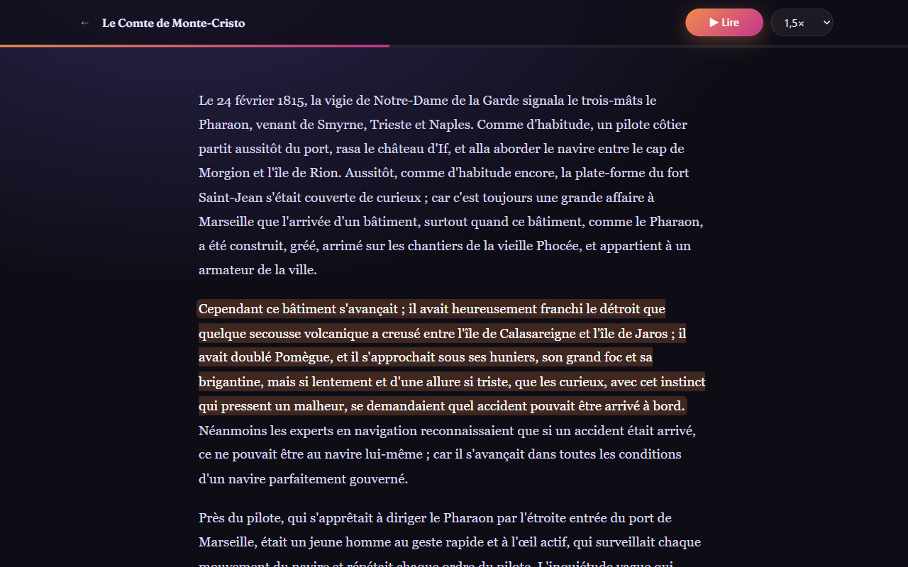 Page de lecture : le texte du Comte de Monte-Cristo, la phrase en cours surlignée, le bouton Lire et la vitesse 1,5× en haut