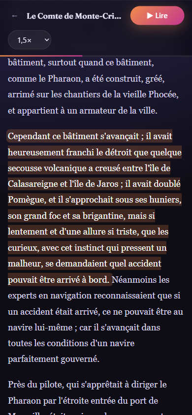 Page de lecture sur téléphone, phrase en cours surlignée